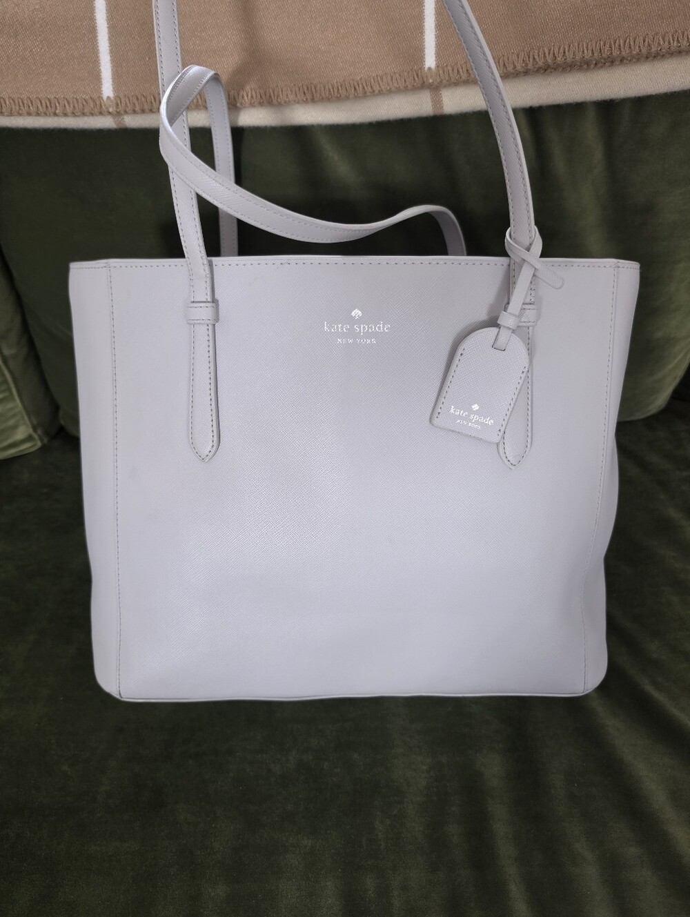 Kate Spade S232 Light Gray Saffiano Leather Zip Top Tote Shoulder Bag w/ Luggage
